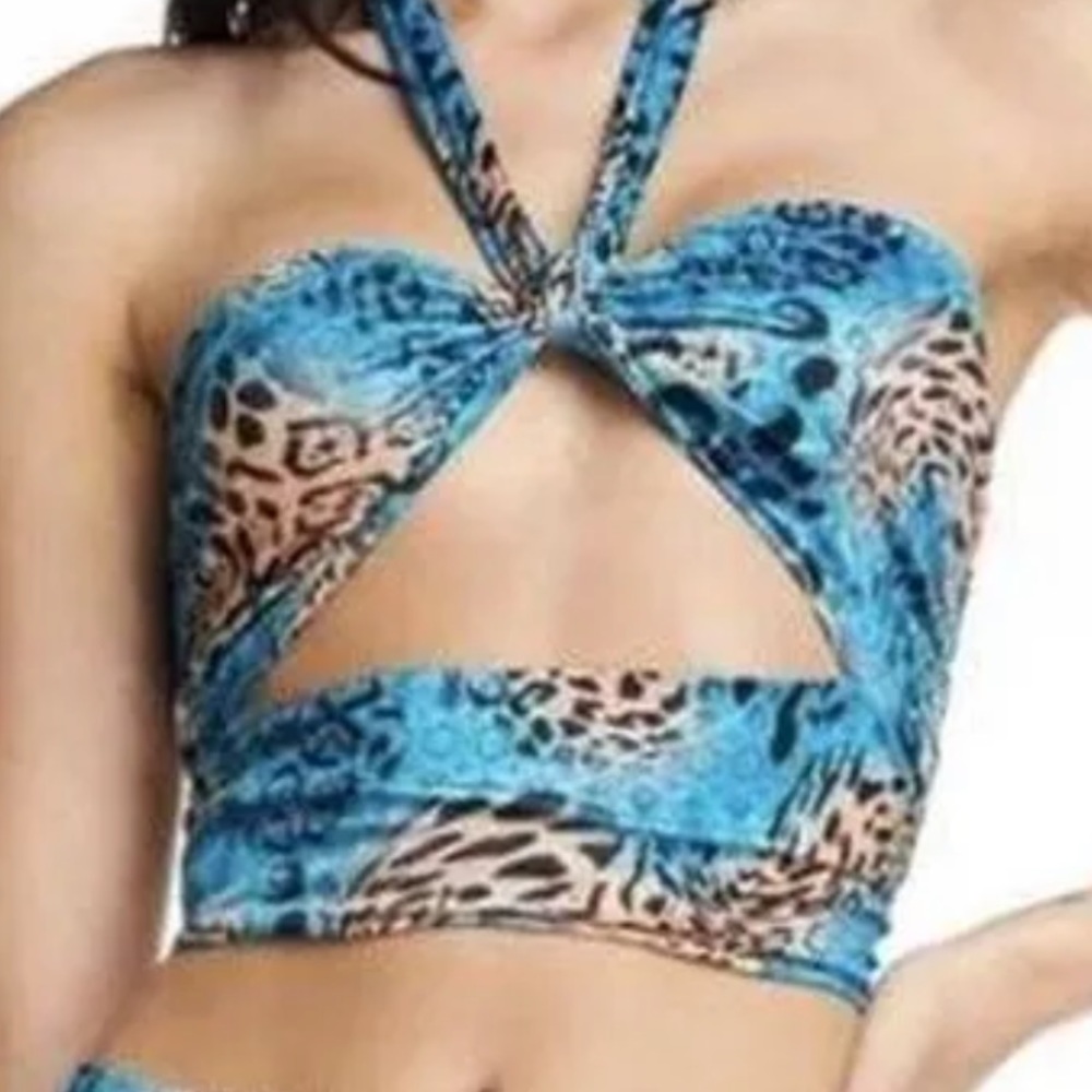 I.AM.GIA Blue Animal print tie neck top size small